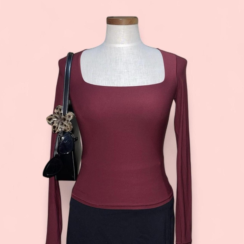 SMOOTHEZ by Aerie Square Neck Stretch Fitted Long Sleeve Sz S in Burgundy ♥️